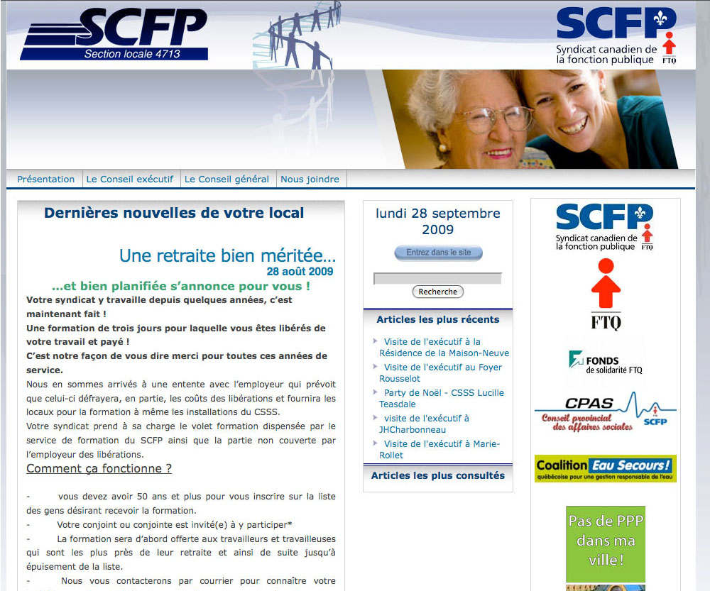 Site web du SCFP 4713 développé par Jean-François Blais